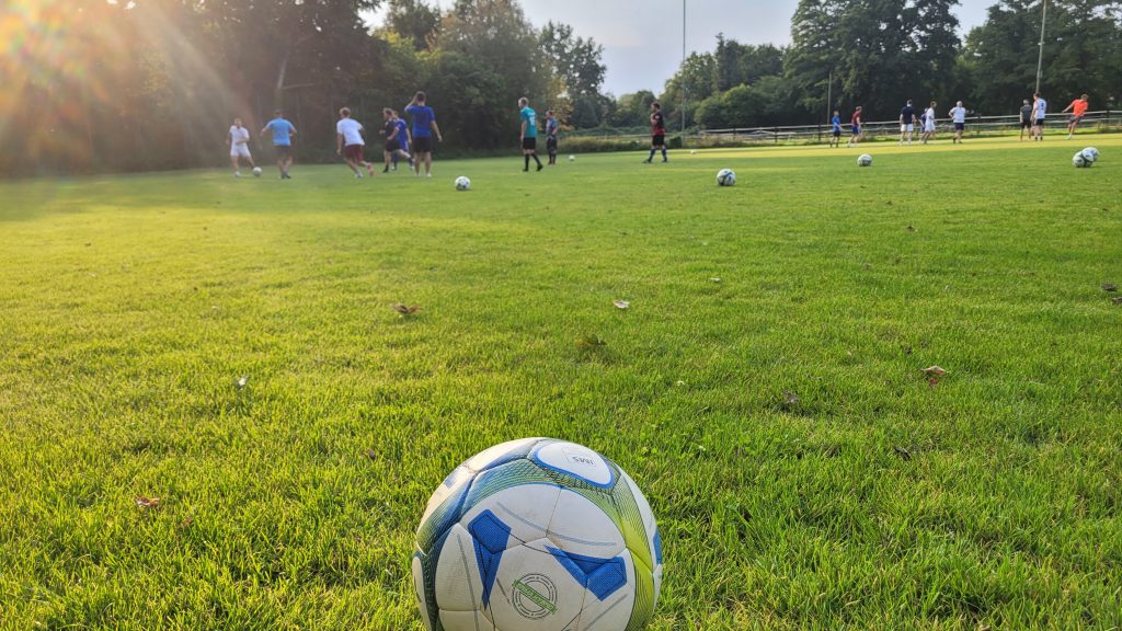 Fußball auf dem Rasenplatz im Vordergrund, im Hintergrund trainieren mehrere Personen bei Abendsonne.
