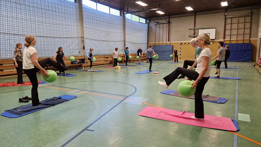 Gruppe von Erwachsenen steht in einer Turnhalle auf Matten und trainiert mit grünen Gymnastikbällen – ein Bein wird angehoben.
