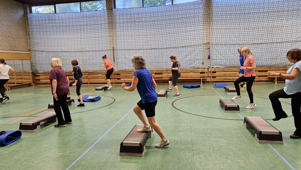 Mehrere Frauen und Männer trainieren in einer Sporthalle mit Step-Brettern. Die Teilnehmenden bewegen sich dynamisch, im Hintergrund Sportgeräte und Netze.