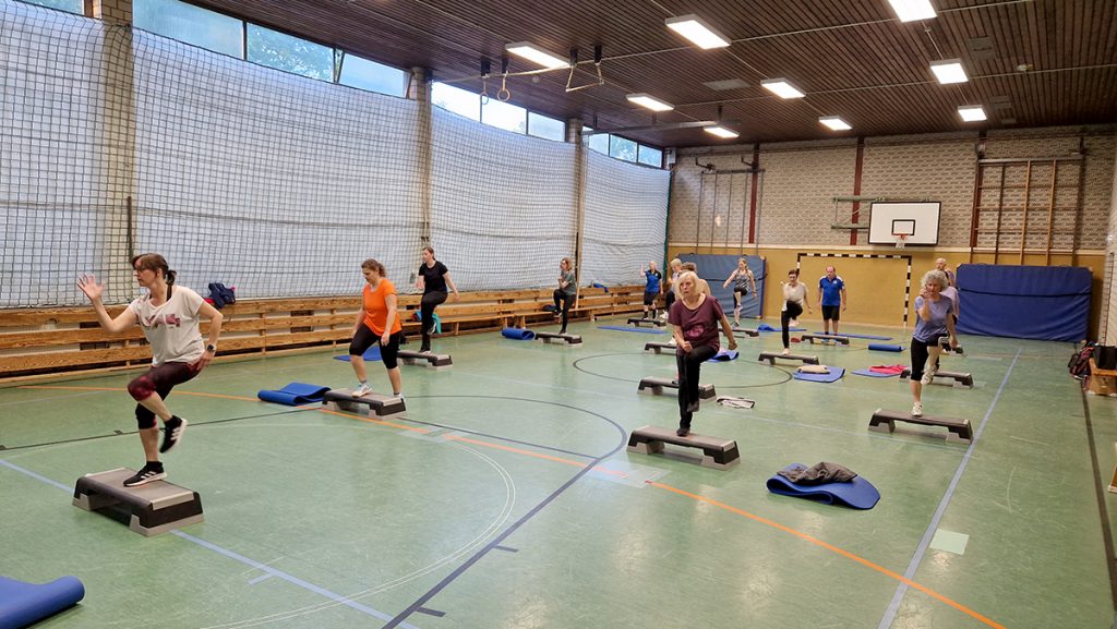 Gruppe von Frauen und Männern trainiert in einer Sporthalle mit Step-Brettern. Sie machen dynamische Übungen mit Bein- und Armbewegungen. Im Hintergrund Sportgeräte, Basketballkorb und Netze.