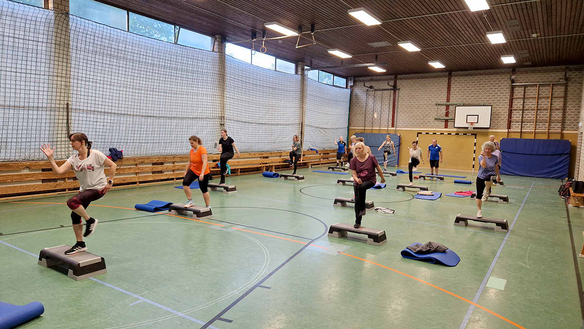 Gruppe von Frauen und Männern trainiert in einer Sporthalle mit Step-Brettern. Sie machen dynamische Übungen mit Bein- und Armbewegungen. Im Hintergrund Sportgeräte, Basketballkorb und Netze.