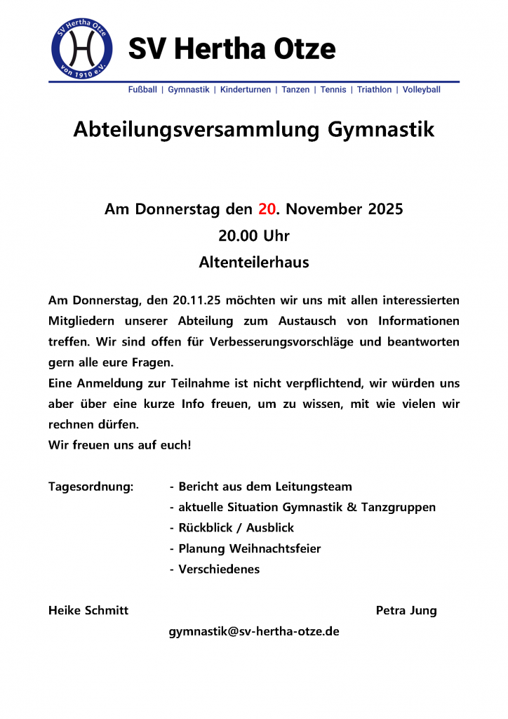 Einladung zur Abteilungsversammlung der Gymnastikabteilung zum 20. November im Altenteilerhaus