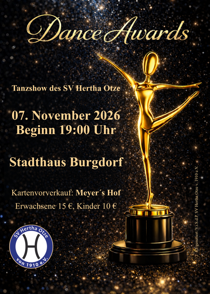 Dance Awards, die Tanzshow des SV Hertha Otze am 7. November 2026 im Stadthaus Burgdorf. Kartenvorverkauf bei Meyer´s Hof