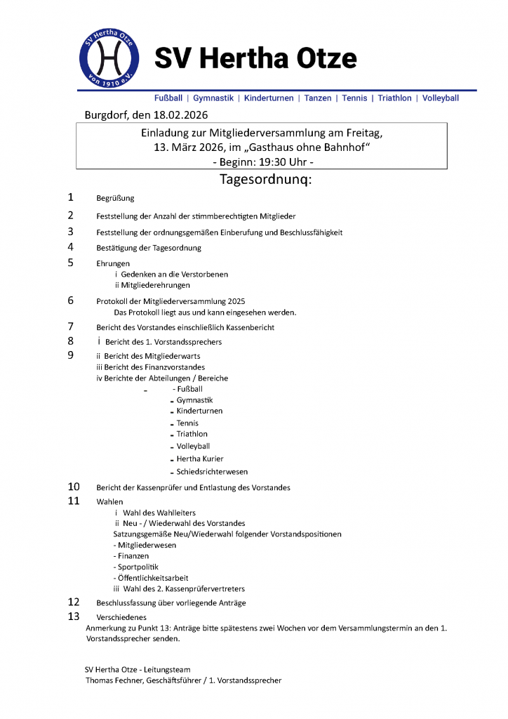Einladung zur Mitgliederversammlung am Freitag, 13. März 2026, im „Gasthaus ohne Bahnhof“ - Beginn: 19:30 Uhr -