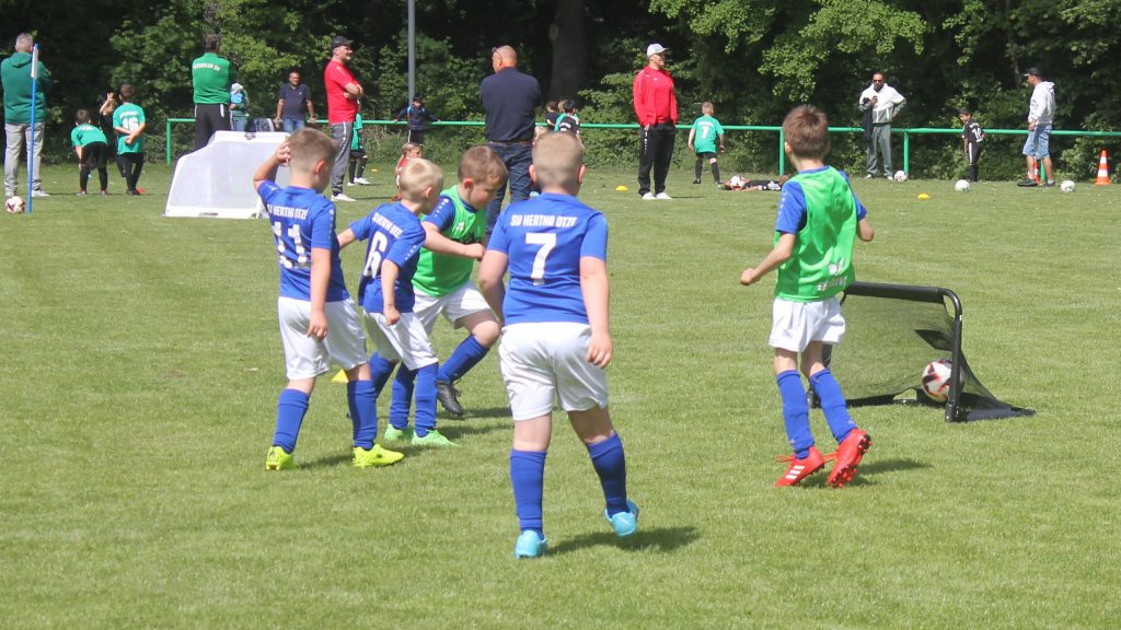 Kleine Fußballgruppe der G-Jugend des SV Hertha Otze im Spiel vor einem Minitor. Mehrere Spieler in blauen Trikots und grüne Gegenspieler kämpfen um den Ball. Der Ball rollt ins kleine Tor.