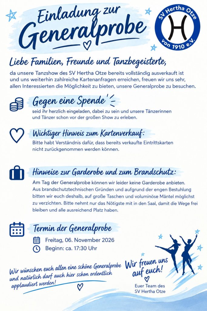 Einladung zur Generalprobe am 6.11.26. Die Tanzshow vom 7.11.26 ist ausverkauft