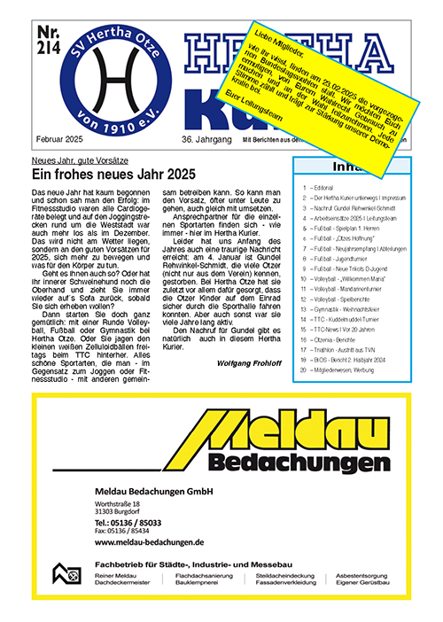 Titelseite des Hertha-Kuriers, Ausgabe Nr. 214, Februar 2025. Enthält den Artikel „Ein frohes neues Jahr 2025“, einen Hinweis zur Mitgliederversammlung am 02. Februar und ein Inhaltsverzeichnis mit Berichten aus dem Vereinsleben von Hertha Otze.