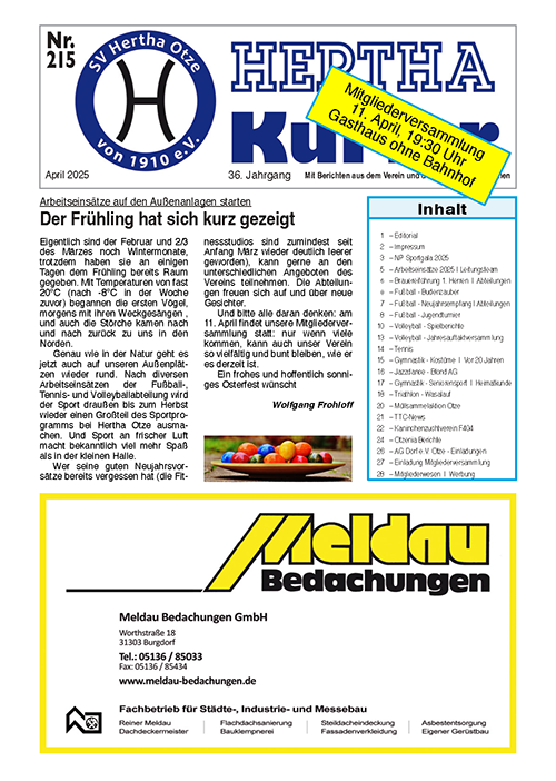 Titelseite des Hertha-Kuriers, Ausgabe Nr. 215, April 2025. Enthält Artikel „Der Frühling hat sich kurz gezeigt“, ein Hinweis auf die Mitgliederversammlung am 11. April, sowie ein Inhaltsverzeichnis mit Themen aus dem Vereins- und Dorfleben.