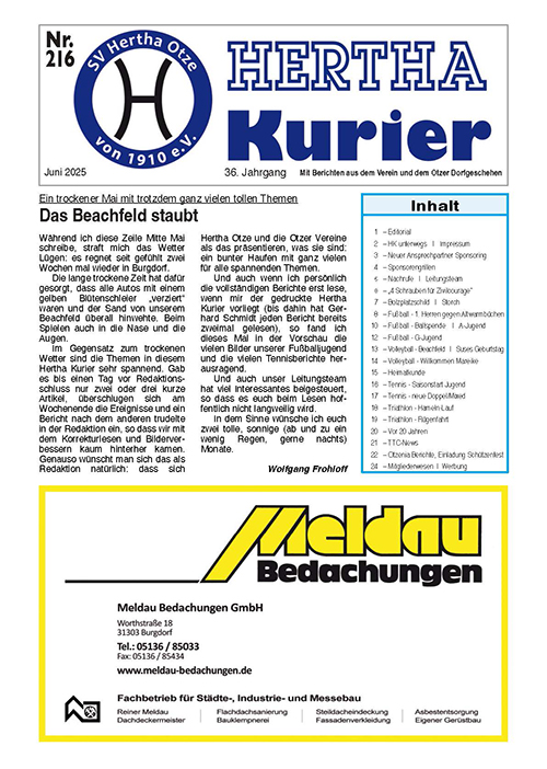 Titelseite des Hertha-Kuriers, Ausgabe Nr. 216, Juni 2025. Enthält Artikel „Das Beachfeld staubt“ und Inhaltsverzeichnis mit Vereins- und Dorfthemen.