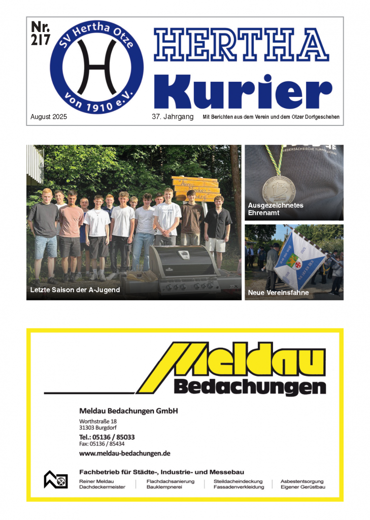 Titelseite des Hertha Kuriers Nr. 217 vom August 2025 mit Bildern zur A-Jugend, Ehrenamt und Vereinsfahne.