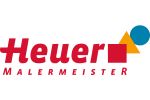 Logo von Malermeister Heuer mit rotem Schriftzug und bunten Formen: Quadrat, Dreieck und Kreis