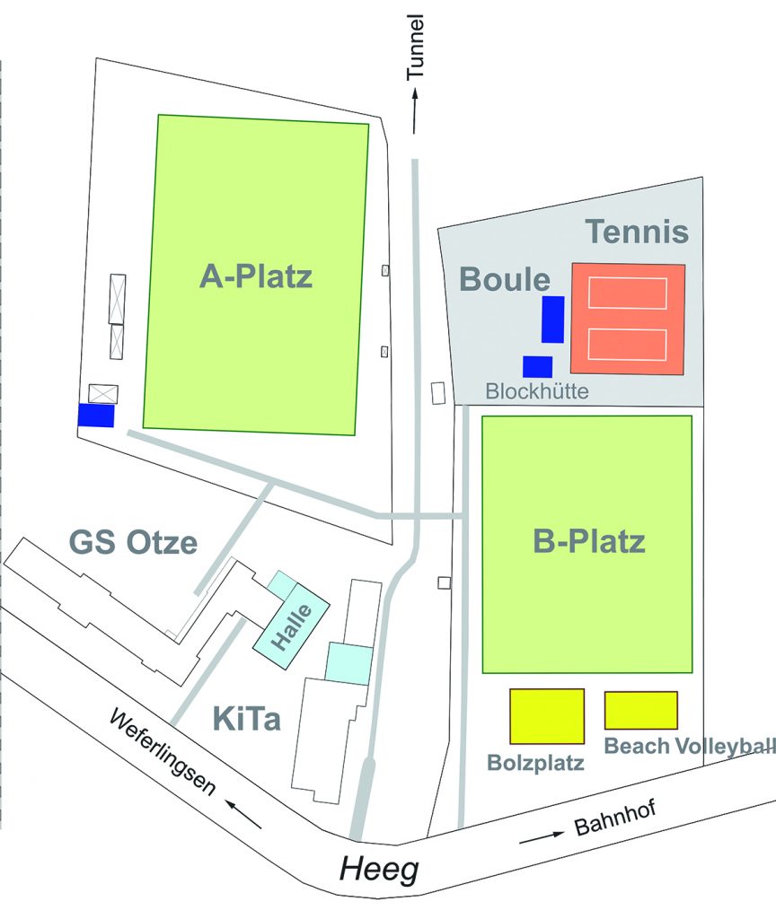Lageplan der Sportanlage mit markierten Bereichen für Sportplatz, Gebäude, Eingänge und Zufahrten.