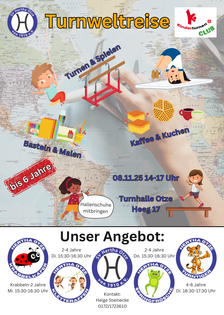 Plakat zur Turnweltreise am 8. November 2025 für Kinder bis 6 Jahre mit Turnen, Basteln und Kuchenverkauf – Veranstaltung des SV Hertha Otze.